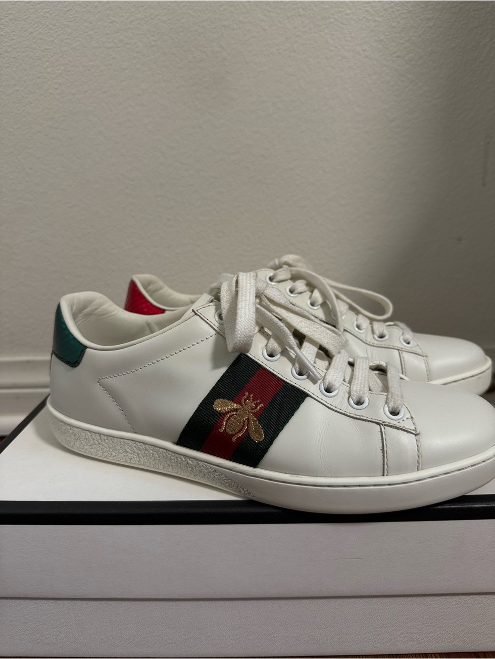 Gucci White Leather Sneakers with Red & Green Web and Gold Bee Embroidery